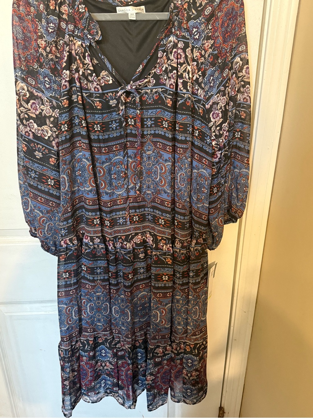 Sandra Darren Blue and Black Floral Tiered Midi Dress